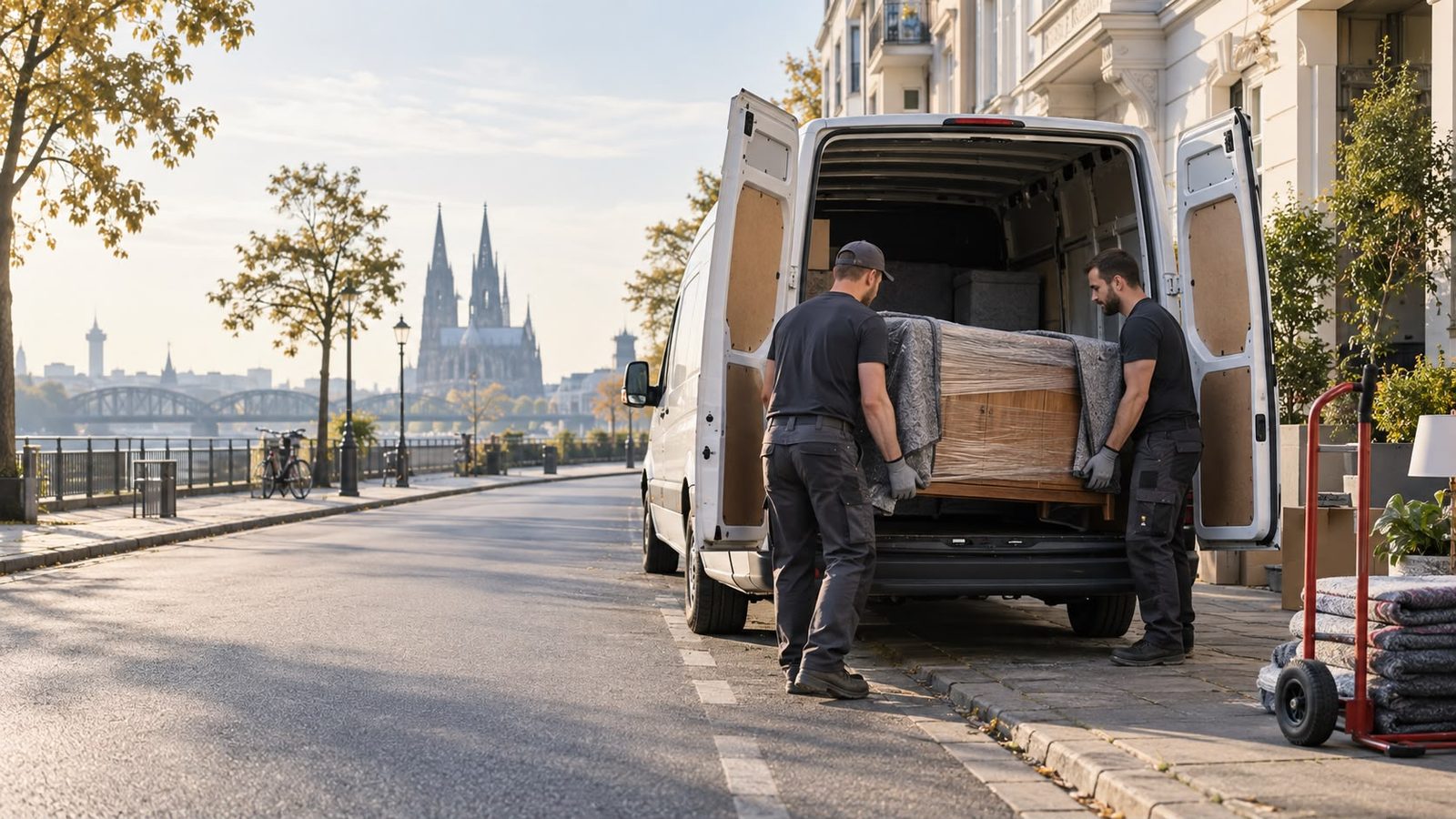 Zwei Mitarbeiter von Lastentaxi Rheinland verladen ein verpacktes Möbelstück in den Transporter am Kölner Rheinufer